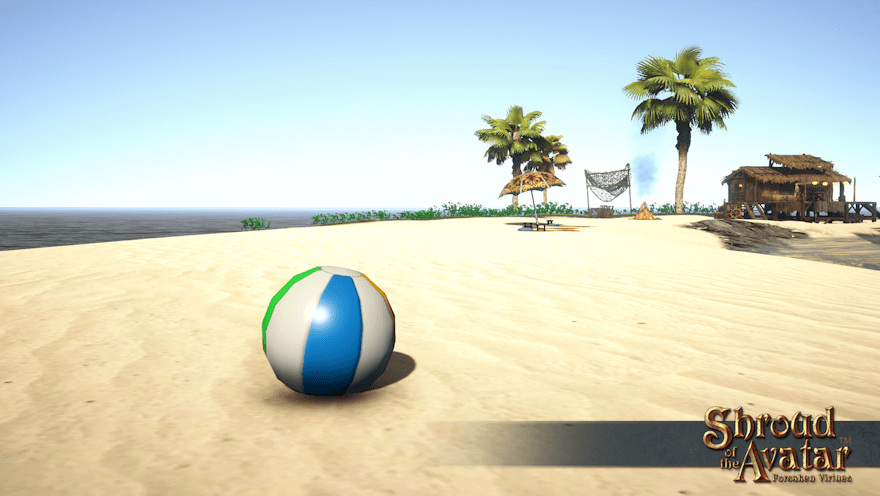 A large shiny striped ball waits in the sun on a tropical beach a safe distance from the fishing shack (and the captain's cleaver.)