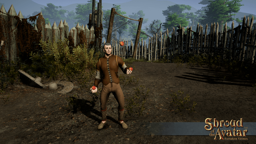 An adventurer juggles apples during some down-time in Tanglemire.  May as well: apples don't make for good weapons, even against frogs.