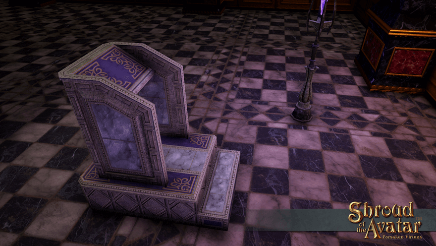 A fancy pale marble podium with purple and gold decorations sits ready in a grand purple and gold hall.  Step right up: it can act as a book display stand!