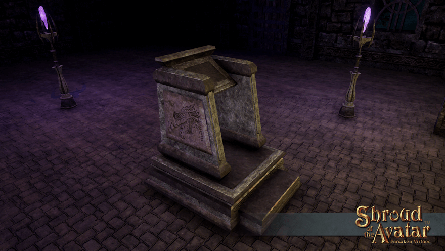 A fancy stone podium decorated with carved dragons and Obsidian symbols sits ready in the front room of an Obsidian-style inn.  It can act as a book display stand, but I'm not sure I'd step right up.  Might be trapped.