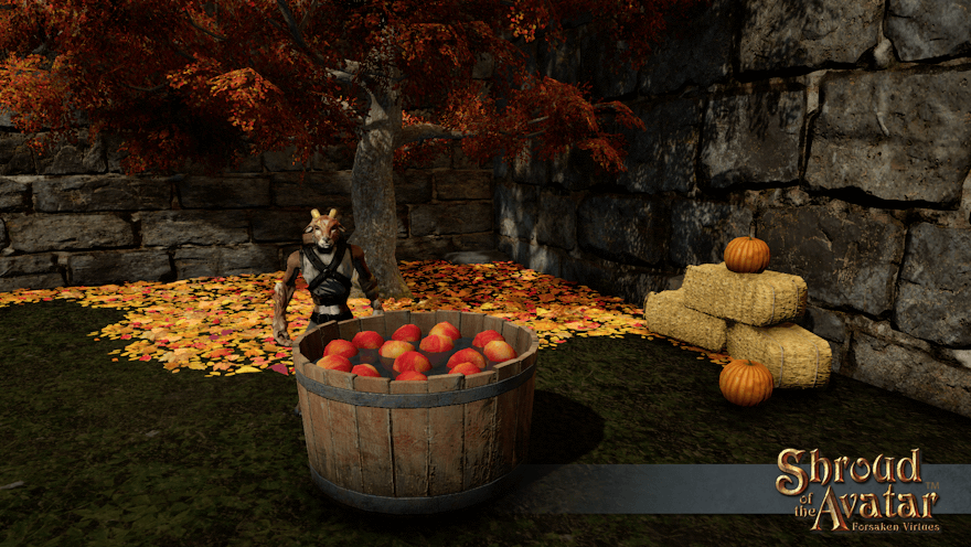 A faun stands behind a tub of apples floating in water in an autumn-y corner of Castle Atos.  I'm not sure a faun is large enough for that game: those apples are as big as its head.