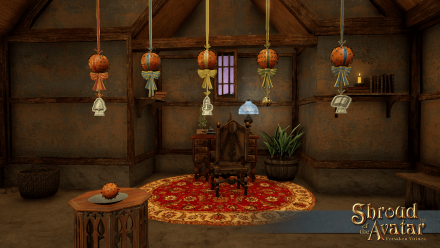 Five orange pomanders, cloved in different patterns and tied with different color ribbons, hang from a rafter in a small Benefactor home. Some have ornaments hanging from them: virtue symbols and jingle bells. A sixth pomander sit on a pewter plate on a nearby table.