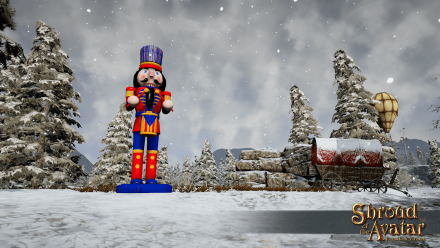 A giant nutcracker drummer, perhaps four times the height of a human, stands by a snow-covered wagon.