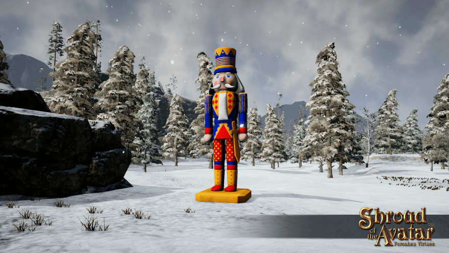A giant grey-bearded nutcracker general, perhaps four times the height of a human, stand in a snowy field.