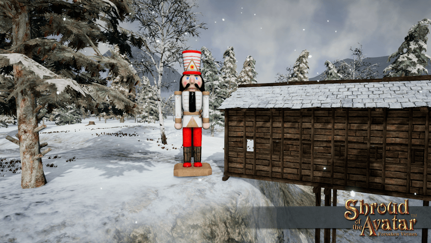 A giant nutcracker horseman, perhaps four times the height of a human, stands by a covered bridge over a snowy ravine.
