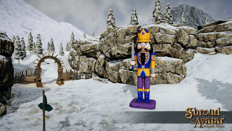 A giant nutcracker swordsman, perhaps four times the height of a human, stands by an exit arch in a snowy scene.