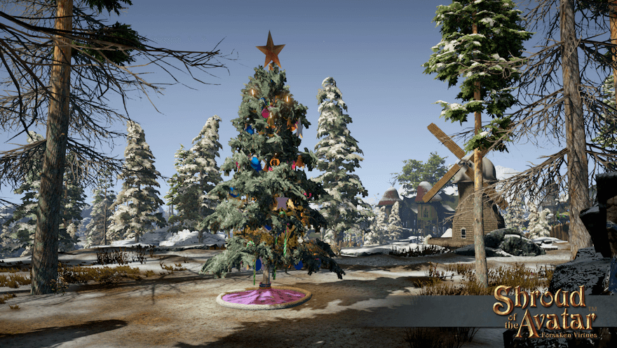 A yule tree with a pink skirt sits on bare ground with a view of metropolitan downtown Vertas.