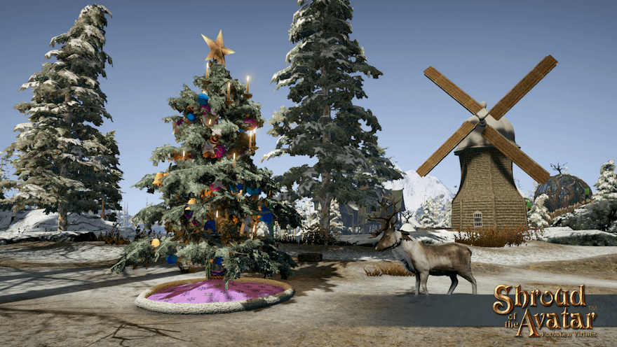 A yule tree with a pink skirt sits on bare ground in sight of the Vertas windmill and a suspicious reindeer.