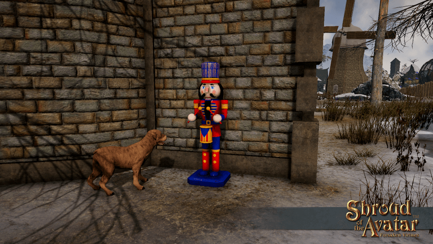 A human-sized nutcracker drummer is interrupted by a curious dog outside a Vertas observatory.