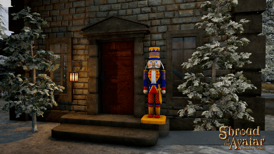 A human-sized grey-bearded nutcracker general stands at the front door of a Vertas observatory.