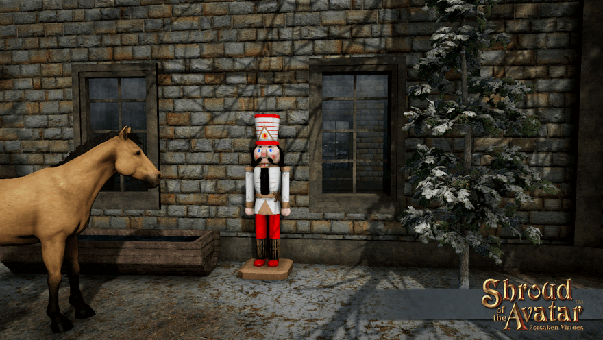 A human-sized nutcracker horseman is approached by a horse looking for treats outside a Vertas observatory.