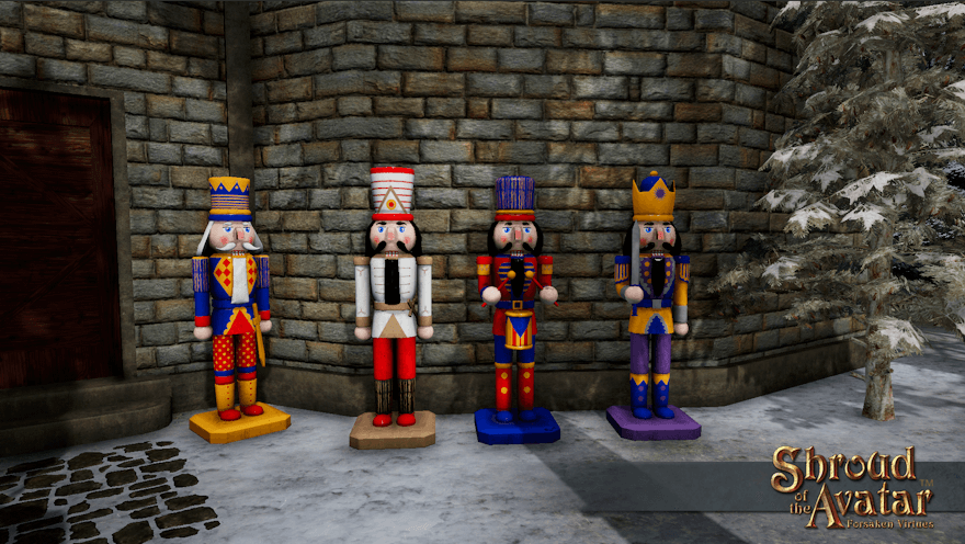 Four assorted human-sized nutcrackers guard the back door of a Vertas observatory.