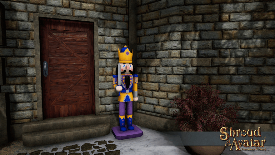 A human-sized nutcracker swordsman guards the back door of a Vertas observatory.