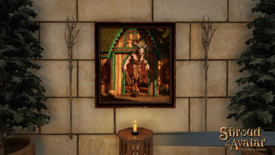 A painting of Krampus leaving a ruined Norgard house into morning light hangs on a pale stone wall between birch branches and spruce trees. He looks excited to get on with his day.