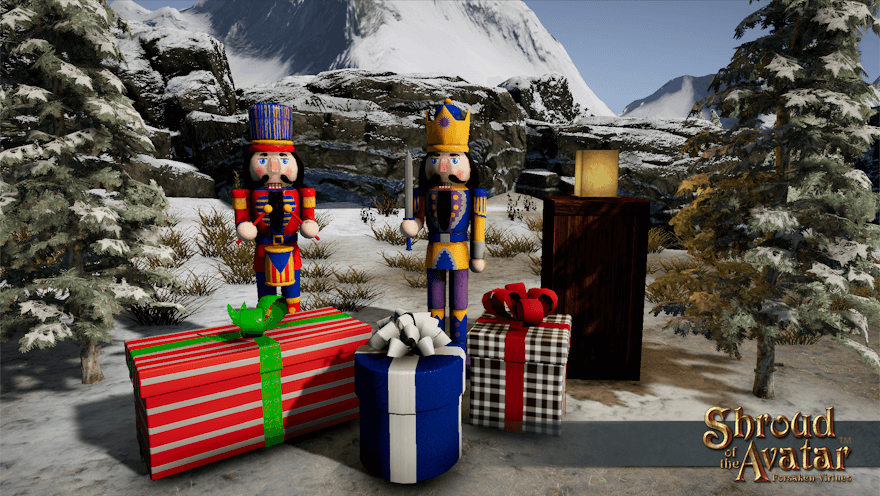 Two human-sized nutcrackers guard a trio of gift boxes as tall as their knees in a Vertas field.