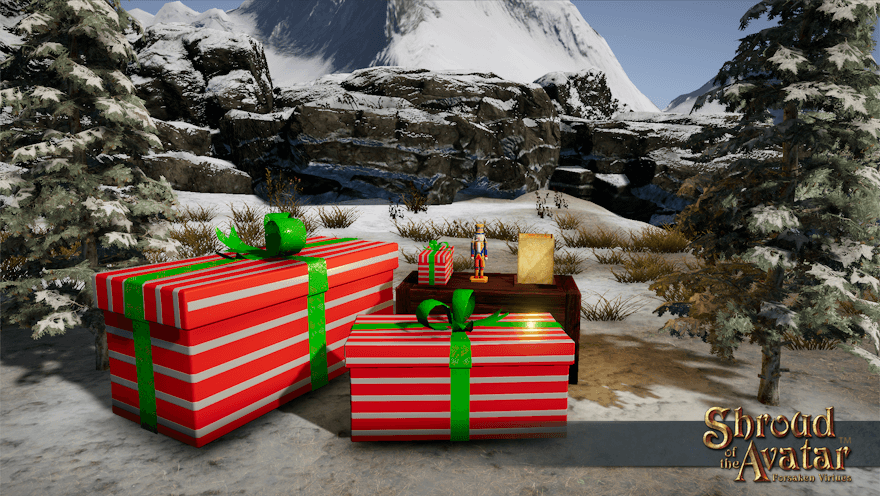 Three rectangular red-and-white striped gift boxes with green ribbons are displayed between snowy spruces.