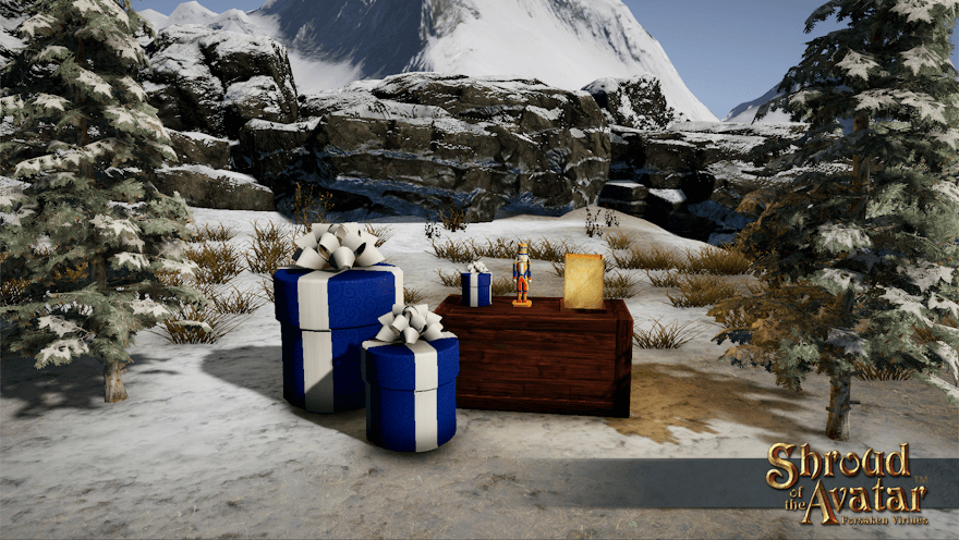 Three round dark blue gift boxes with white ribbons are displayed between snowy spruces.