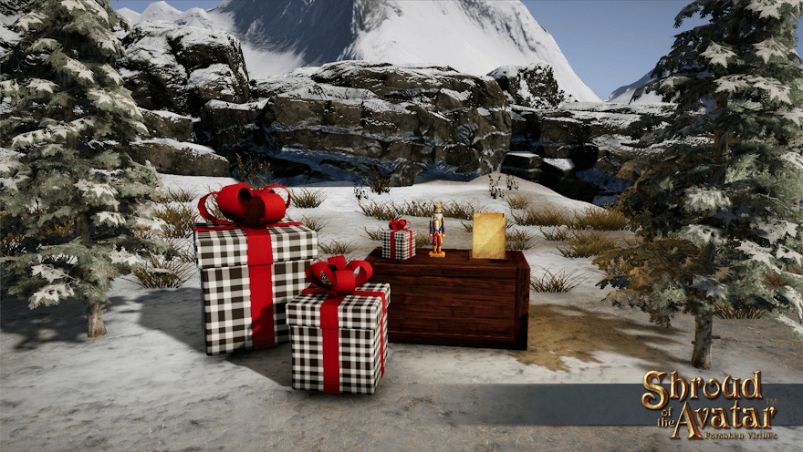 Three square black and white plaid gift boxes with red ribbons are displayed between snowy spruces.