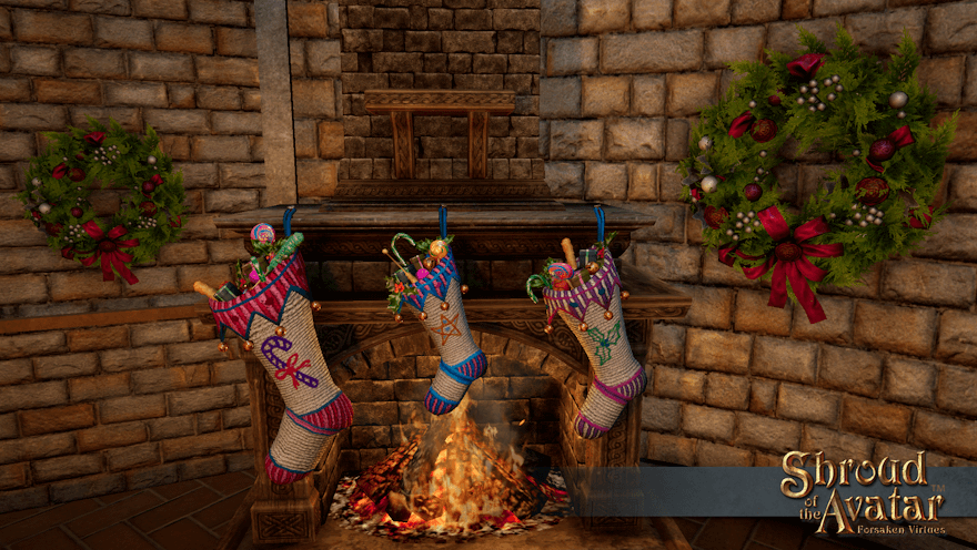 Three undyed stockings with pink, purple, and blue trim hang from an ornate wood and stone mantel.