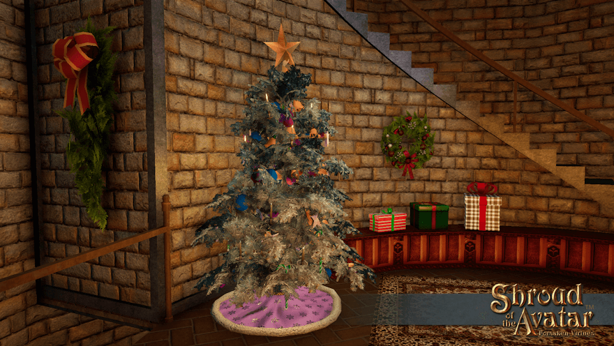 A yule tree with a pink skirt sits to the side of a curved display counter full of gift boxes.
