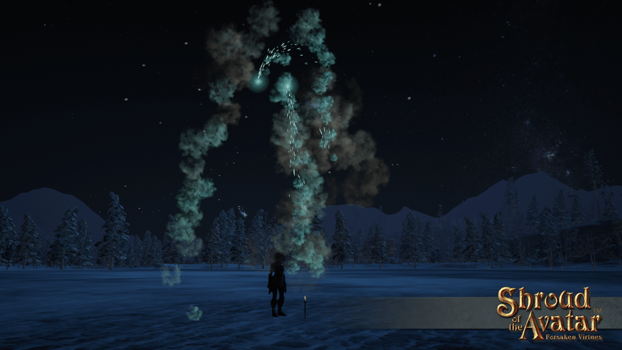 An elven archer sets off an aqua candle firework on a snowy plaza. This one does not burn at both ends.