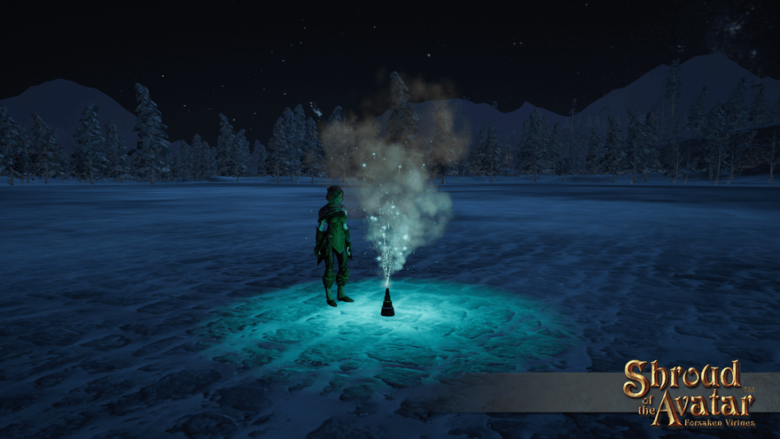 An elven archer sets off an aqua fountain firework on a snowy plaza. That's a better marshmallow-roasting height!