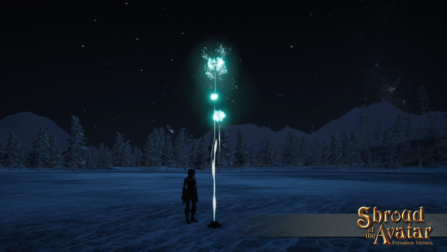 An elven archer sets off an aqua missle firework on a snowy plaza. It really goes too high for roasting marshmallows.