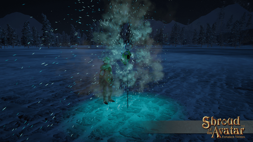 An elven archer sets off an aqua pinwheel firework on a snowy plaza. Take a step back, please, ma'am.