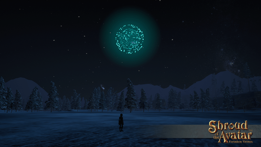 An elven archer sets off an aqua rocket on a snowy plaza. No reason, just because.