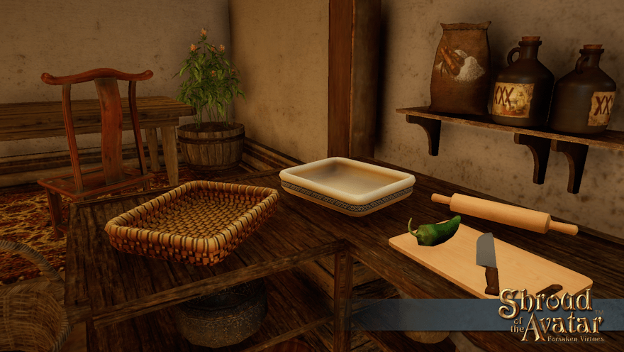 A short, rectangular open basket and a white ceramic tray with a blue border sit ready on a counter in a busy kitchen.
