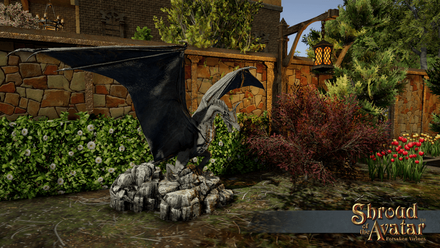 A person-height stone dragon statue guards an elder bush. ...though he looks like he's going to chomp it, but that can't be right! He must be guarding.