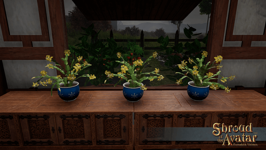 Three yellow-flowered cacti in blue pots sit in front of a window looking out on a cold and stormy garden.