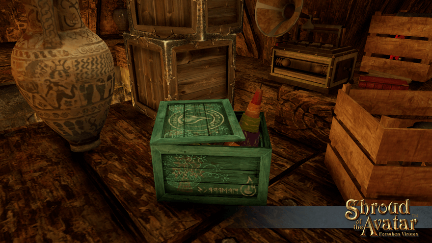 An aqua crate of fountain fireworks sits in a cluttered attic. Best hope it's not over a stove.