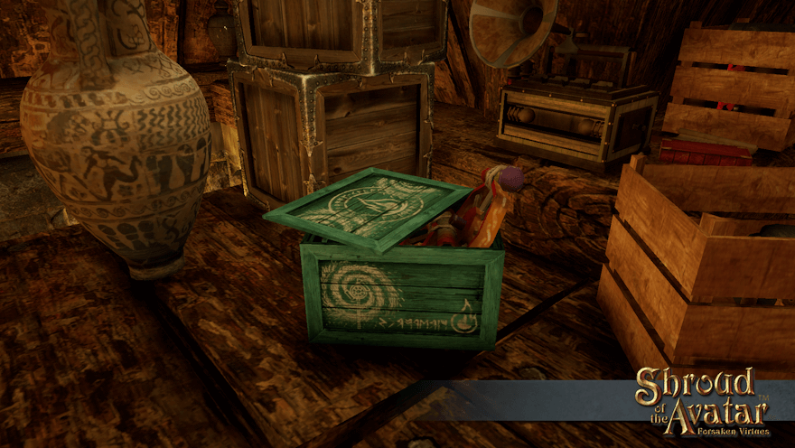 An aqua crate of pinwheel fireworks sits abandoned in a cluttered attic because Earnestine has a deathly fear of aqua like kobolds have for yellow.