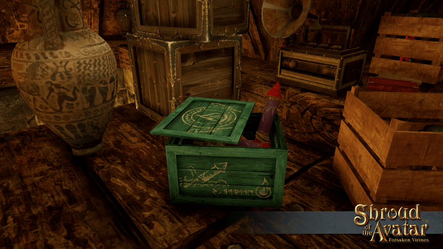 An aqua crate of rocket fireworks sits in a cluttered attic. Didn't the previous homeowner take their stuff with them?