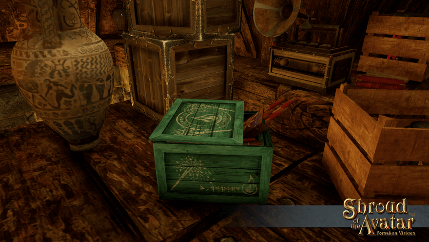 An aqua crate of sparklers sits in a cluttered attic. That'll give the spiders a surprise.