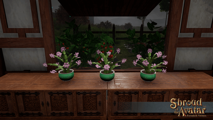 Three pink-flowered cacti in light green pots sit in front of a window looking out on a cold and stormy garden.