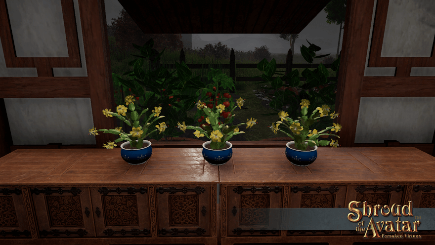 Three yellow-flowered cacti in blue pots sit in front of a window looking out on a cold and stormy garden. Much nicer than a flesh flayer, but not as good at keeping the bugs down.