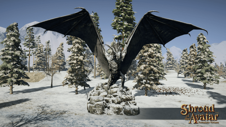 A city-lot-width stone dragon statue covered in snow, wings outstretched, sits alone in a sparse snowy forest.