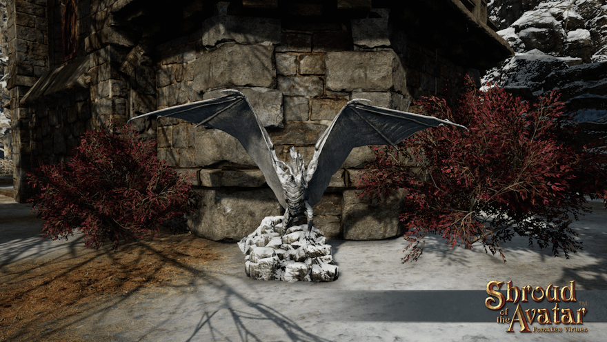 A person-height stone dragon statue covered in snow guards a Vertas balcony, flanked by elder bushes.