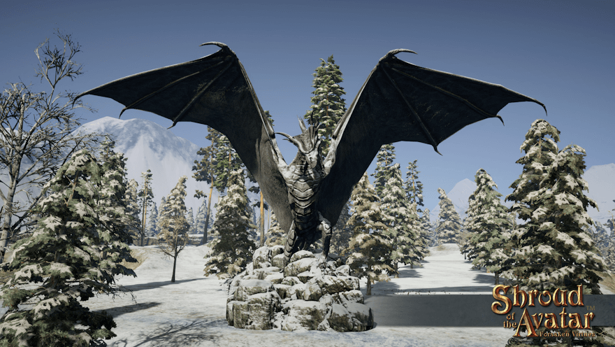 A keep-lot-width stone dragon statue covered in snow, wings outstretched, sits alone in a sparse snowy forest.