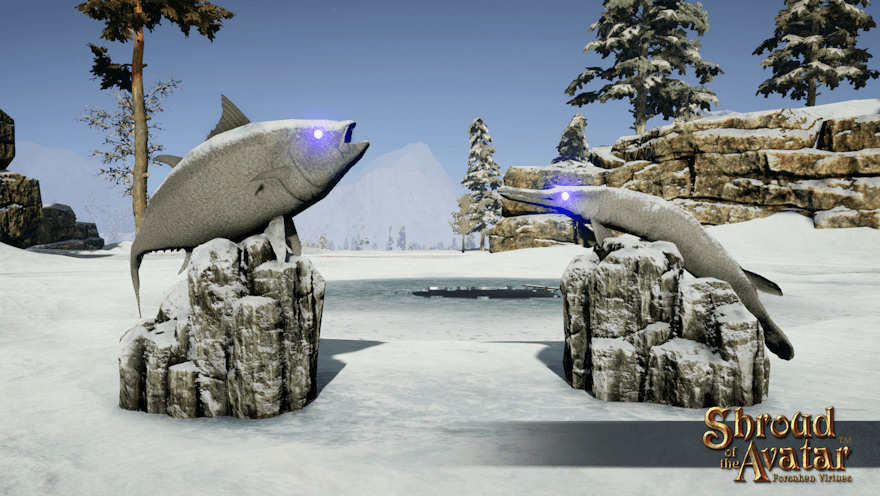 Large stone statues of a tuna and a gar, both with glowing blue eyes and covered in snow, face off in front of an icy fishing hole. Two fish enter, one fish leaves!