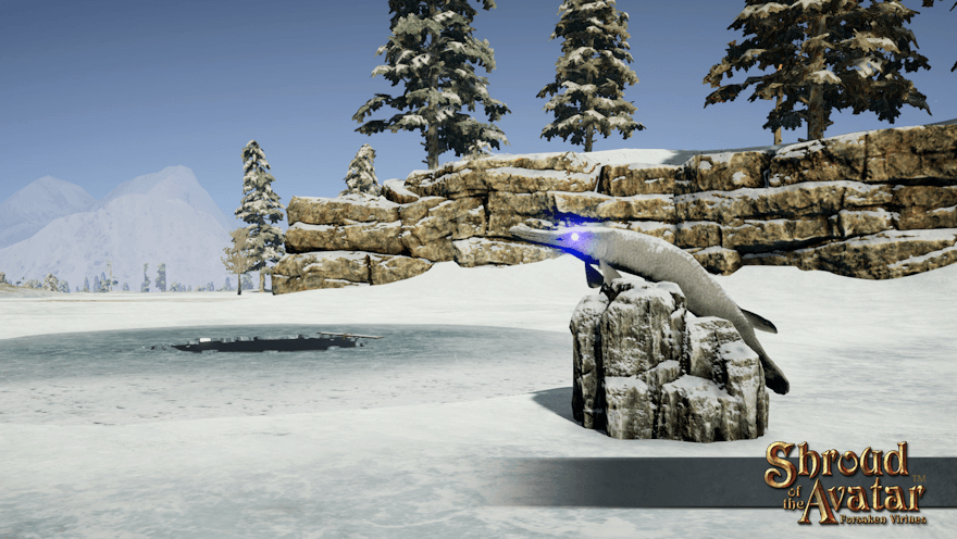 A large stone statue of a gar with glowing blue eyes, covered in snow, oversees an icy fishing hole. I fish better when I'm not being stared at.