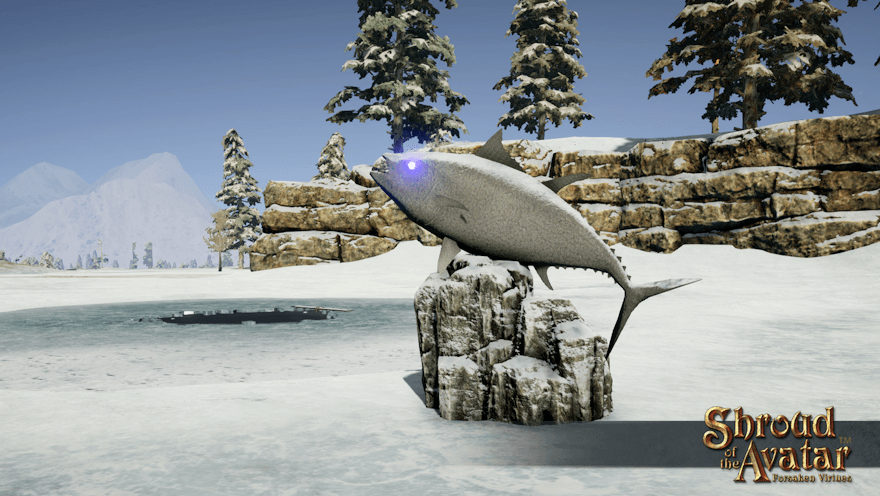 A large stone statue of a tuna with glowing blue eyes, covered in snow, oversees an icy fishing hole.