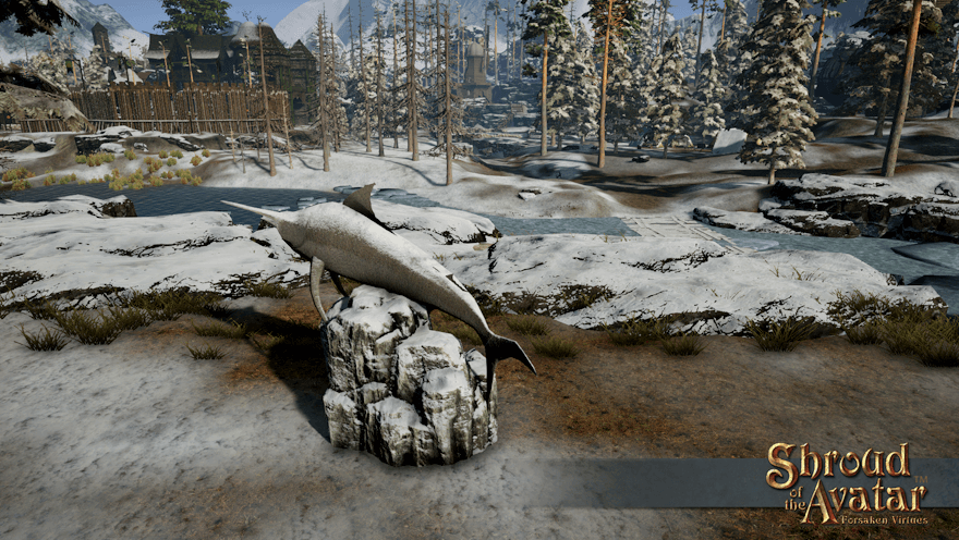 A large stone statue of a marlin, covered in snow, stands in the scruff beside the south branch of the Fallion River as it flows through Vertas.