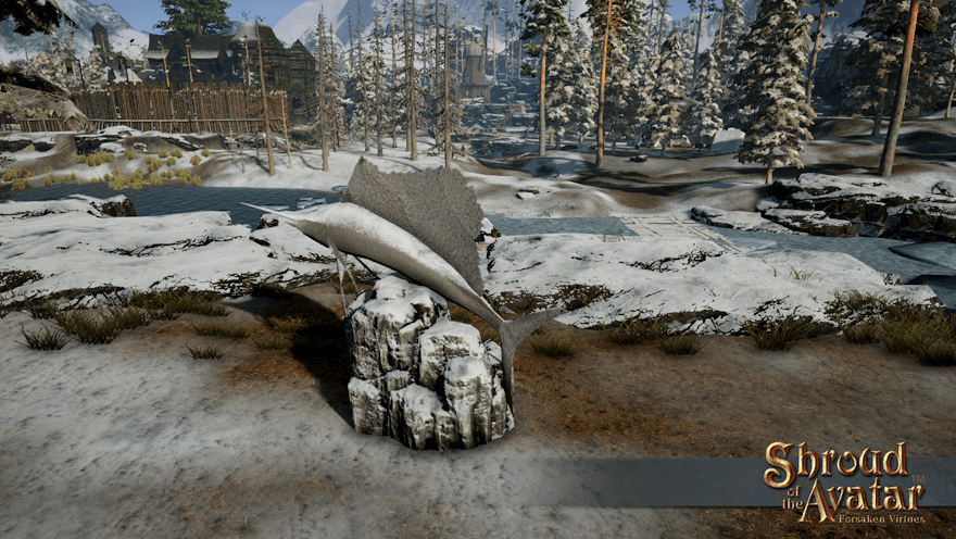 A large stone statue of a sailfish, covered in snow, stands in the scruff beside the south branch of the Fallion River as it flows through Vertas.