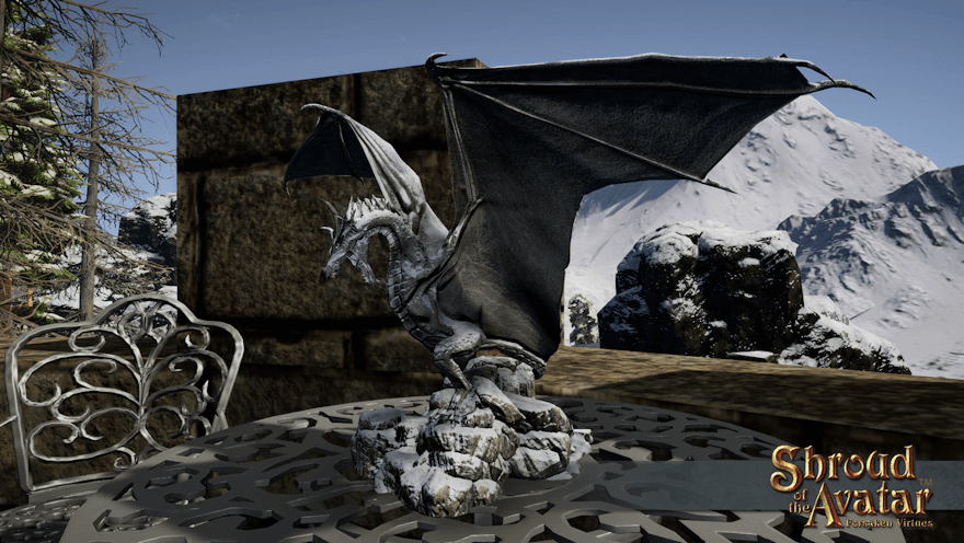 A small stone dragon statue covered in snow, wings outstretched, sits alone on a rooftop garden table. Honestly, he's small enough you could have taken him in!