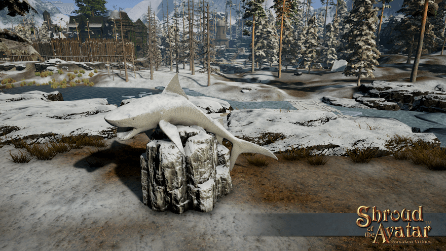 A large stone statue of a tiger shark, covered in snow, stands in the scruff beside the south branch of the Fallion River as it flows through Vertas.