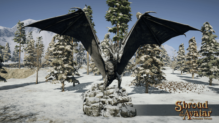 A town-lot-width stone dragon statue covered in snow, wings outstretched, sits alone in a sparse snowy forest.