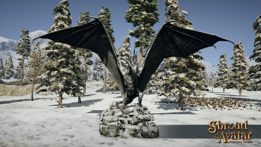 A village-lot-width stone dragon statue covered in snow, wings outstretched, sits alone in a sparse snowy forest.